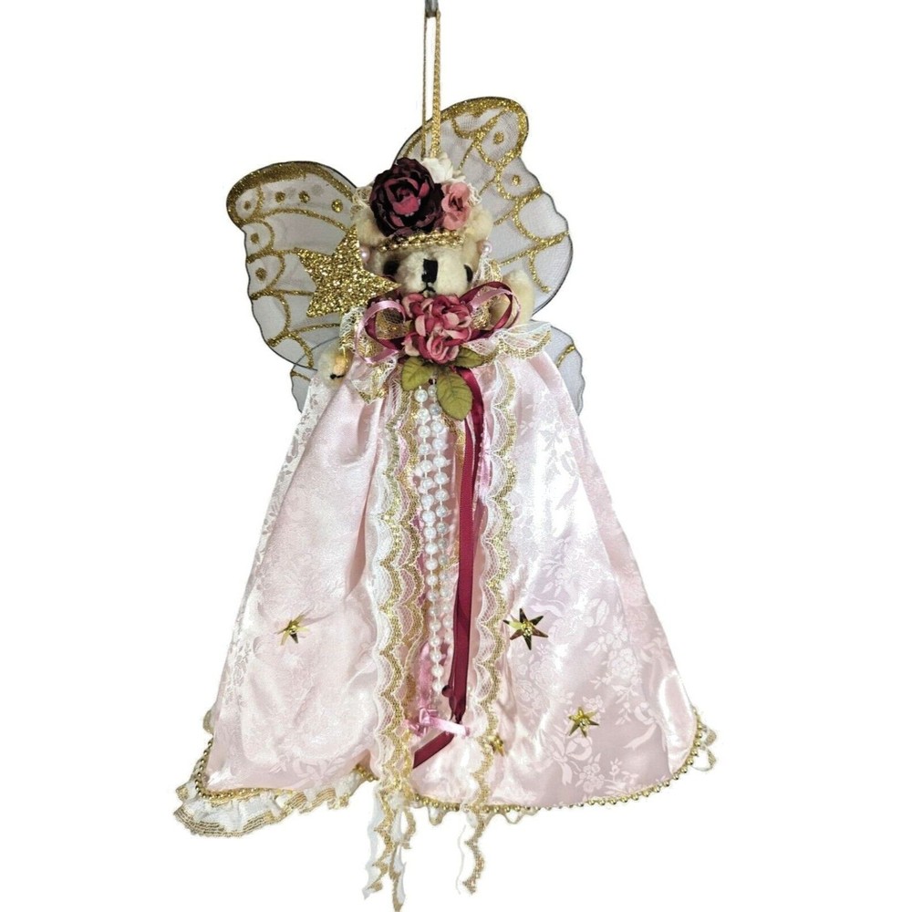 Vintage Angel Princess Bear Ornament PInk Dress Wings Lace Faux Pearls 14 x 7 in